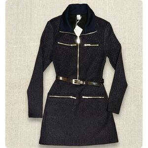 FuTario Sparkle Zip Front Mini Dress XS Black Metallic Long Sleeve Belted NWT